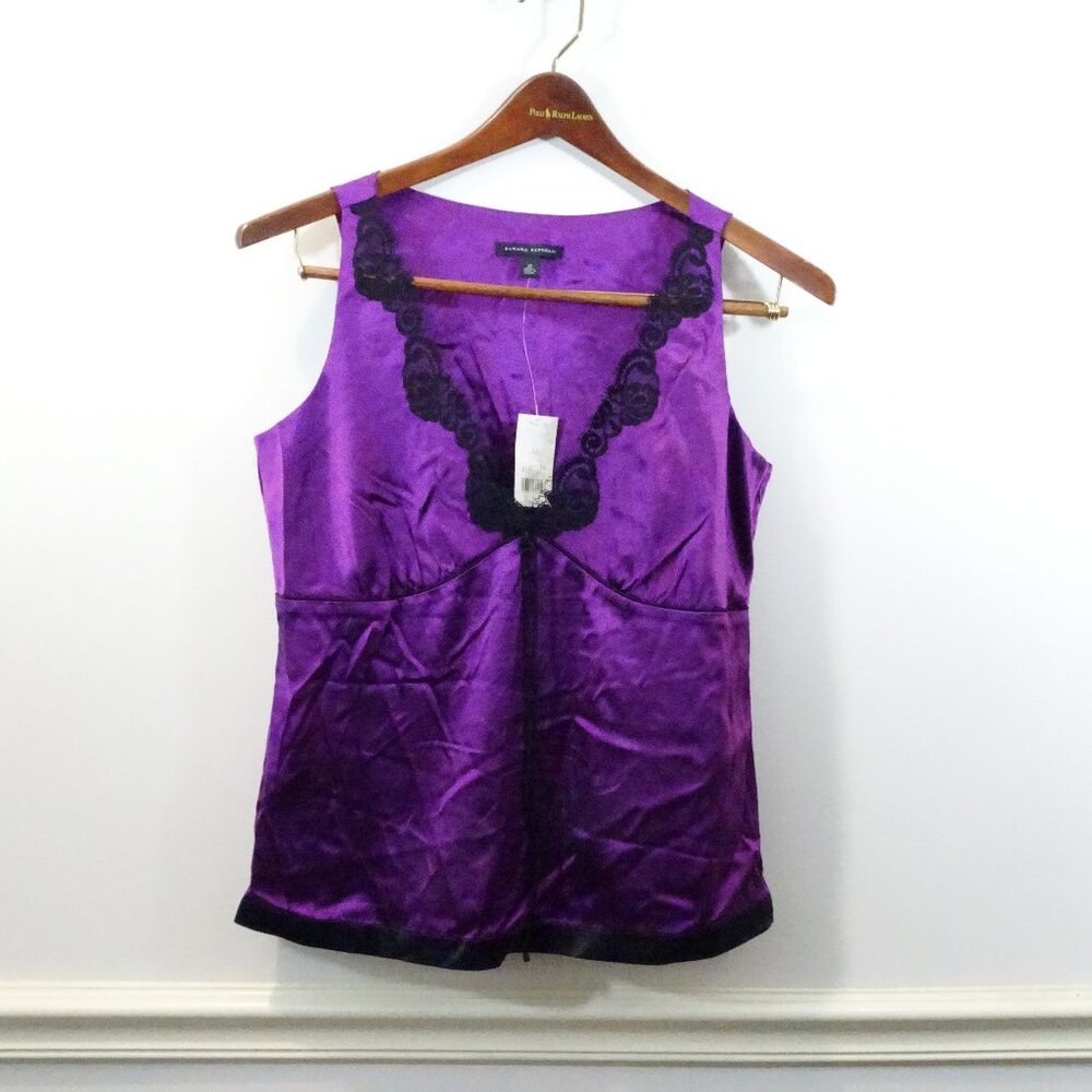 VTG Y2K Banana Republic Silk Camisole Purple Black Lace Trim Size 12 NOS Goth